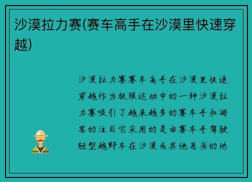 沙漠拉力赛(赛车高手在沙漠里快速穿越)